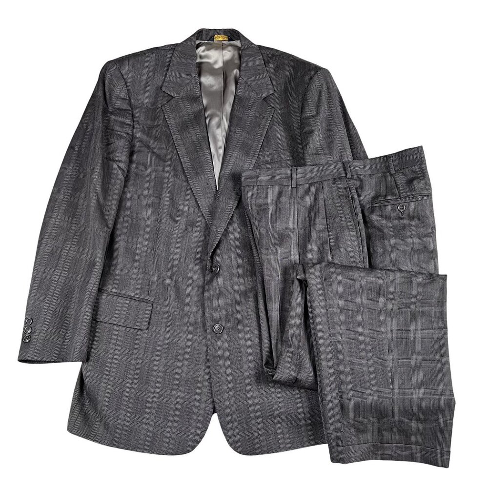 VTG‎ Brooks Brothers Mens 100% Pure Wool Pleated Glen Full Suit Sz 44L Flaw